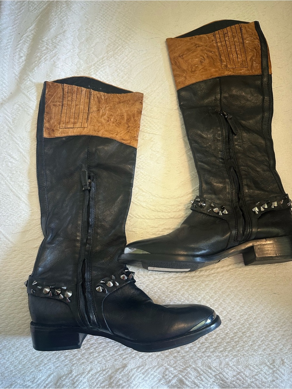Sam Edelman Black and Tan Studded Leather  Boots